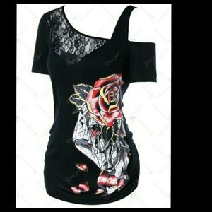 New Women red flower T-shirt size L